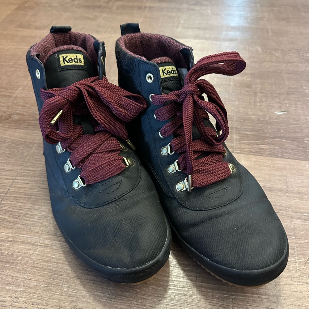 Keds Black Waterproof Boots with Burgundy Laces